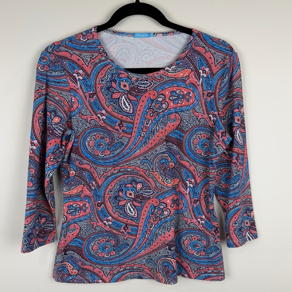 J McLaughlin Blue Pink Paisley Catalina Cloth 3/4 Sleeve Stretch Top M